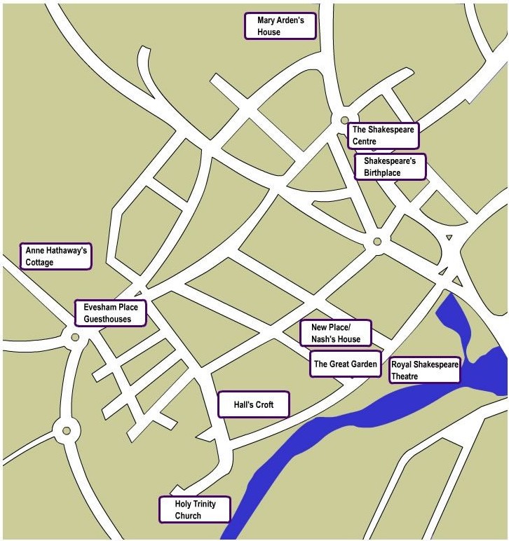 A street map of Stratford-upon-Avon and the important Shakespeare locations. 